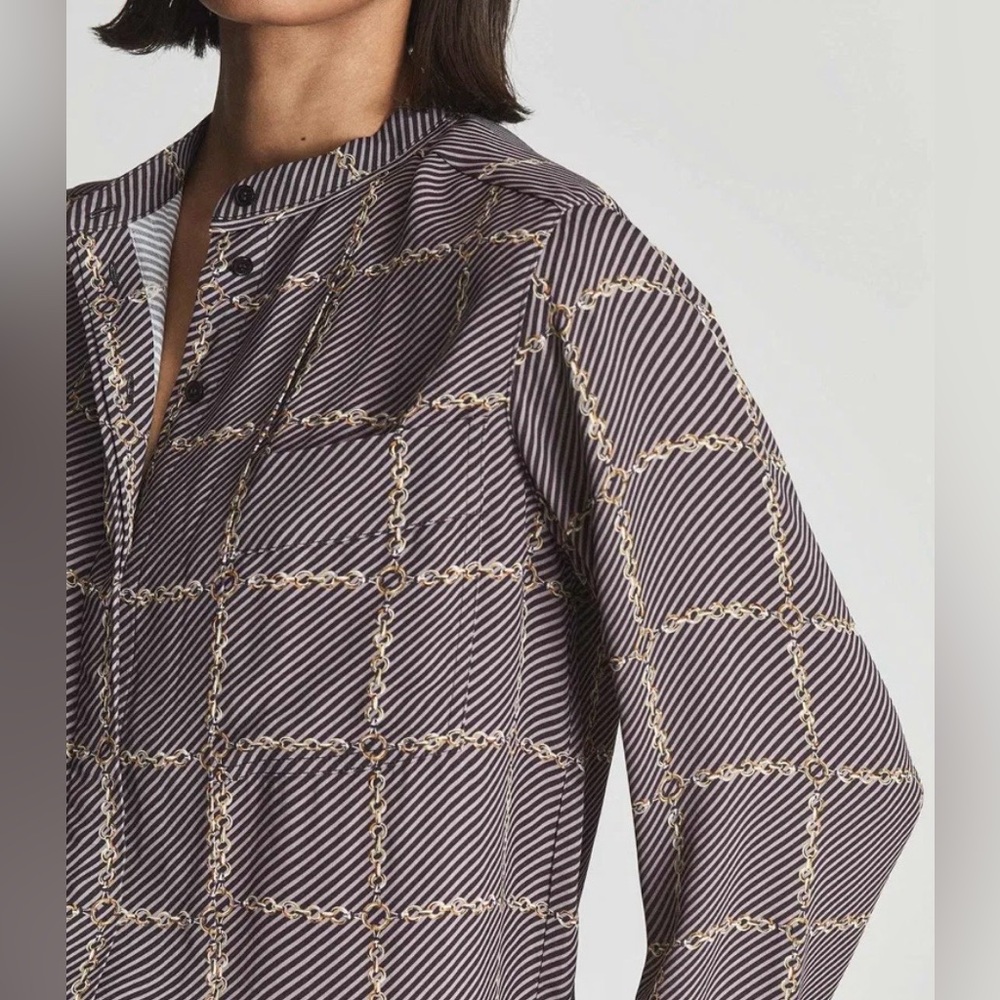 REISS Nyla Chain Link Print Button Down Top Blouse Striped Long Sleeve Size 4 - Picture 4 of 16